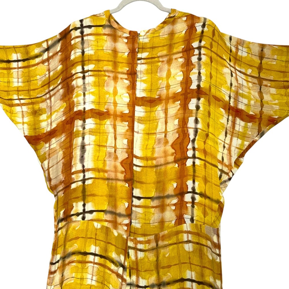 Zara Dress Tie Dye Plaid Print Dolman Sleeve Maxi Mustard Yellow M Blogger Fav - Picture 15 of 16